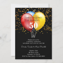 50. Geburtstag Gold Confetti & Balloons auf schwar Einladung