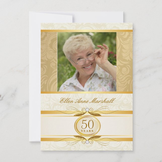 50. Geburtstag - Gold Damask Foto Einladung (Vorderseite)