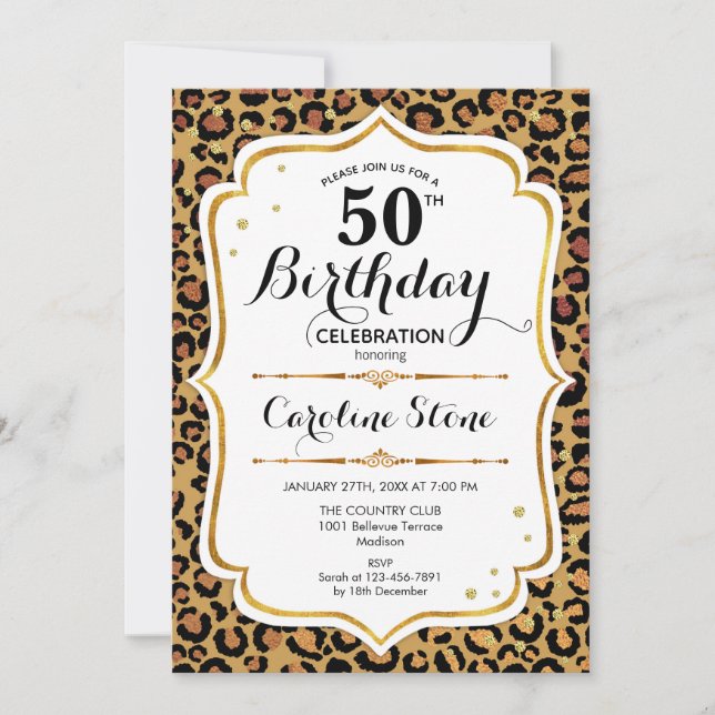 50. Geburtstag - Gold Leopard Print Einladung (Vorderseite)