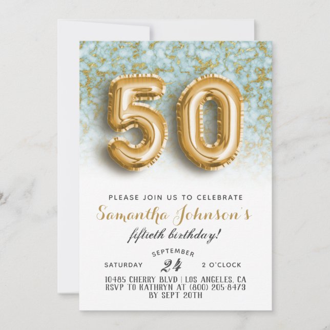 50. Geburtstag Gold Marmor Einladung (Vorderseite)