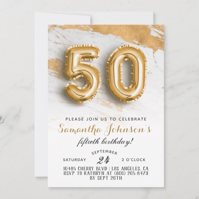 50. Geburtstag Gold Marmor Einladung (Vorderseite)
