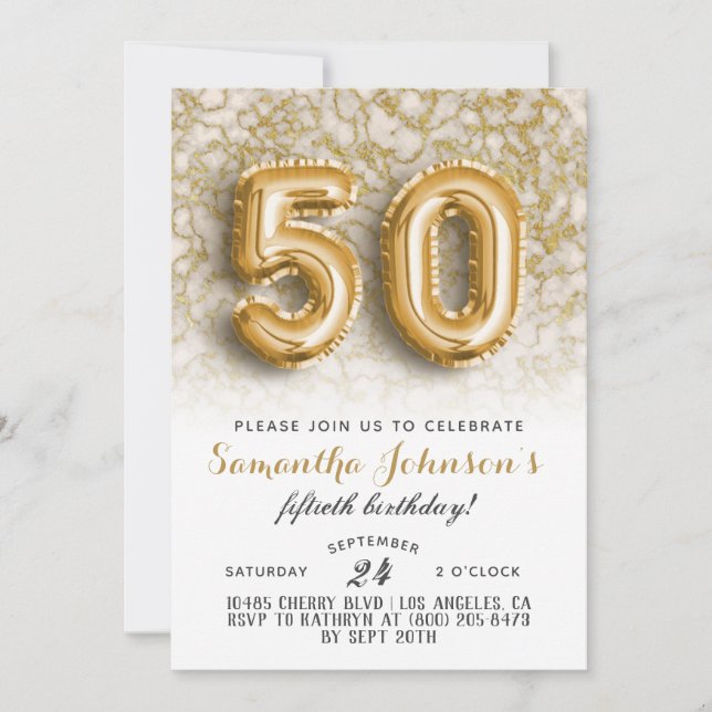 50. Geburtstag Gold Marmor Einladung (Vorderseite)