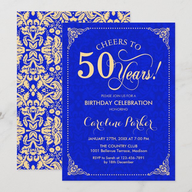 50. Geburtstag - Gold Royal Blue Damask Einladung (Vorne/Hinten)