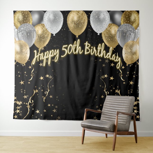 50. Geburtstag Gold Silver Black Balloons Wandteppich (Beispiel (Horizontal))