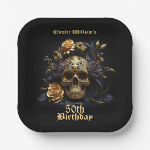 50. GEBURTSTAG GOLD SKULL ROSE HALLOWEEN-PARTY PAPPTELLER