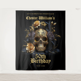 50. GEBURTSTAG GOLD SKULL ROSE HALLOWEEN-PARTY SIG WANDTEPPICH