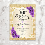 50. Geburtstag - Goldstreifen Lila Rose Einladung<br><div class="desc">Einladung zum 50. Geburtstag. Elegantes Design in Gold und lila. Features Imitate Glitzer goldene Streifen,  lila Rose stilvolle Skript-Schriftart und Konfetti. Ideal für eine gläserne Geburtstagsfeier.</div>