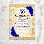 50. Geburtstag - Goldstreifen Royal Blue Rose Einladung<br><div class="desc">Einladung zum 50. Geburtstag. Elegantes Design in Gold und königsblau. Features Imitate Glitzer goldene Streifen,  Saphir Rose stilvolle Skript-Schriftart und Konfetti. Ideal für eine gläserne Geburtstagsfeier.</div>