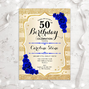 50. Geburtstag - Goldstreifen Royal Blue Rose Einladung