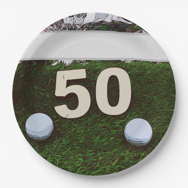 50. Geburtstag Golfer mit Golfball auf Grün Pappteller (Vorderseite)