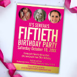 50. Geburtstag Grafik rosa Goldfolie Foto Kreisen Folieneinladung<br><div class="desc">Fett einfache Grafik hell heiß rosa, und Goldfolie oder Ihre eigene Folie Farbe Foto Vorlage 50. Geburtstag Einladung. Personalisieren Sie diese Meilenstein-Geburtstagseinladung mit Ihren eigenen Geburtstagsfeierdetails und drei Fotos Ihres Geburtstagsmädchens im Foto für Ihre Fotos ab und zu. Andere Jahre Farben und passende Artikel sind verfügbar. © Original Design von...</div>