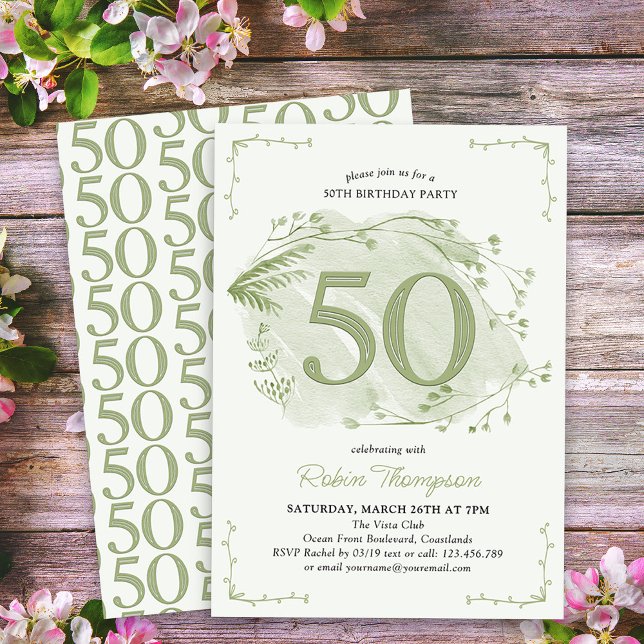 50. Geburtstag Grüne Wildblume 50 Einladung (50th Birthday Invitation - buy professionally printed or as digital download for printing or sharing)