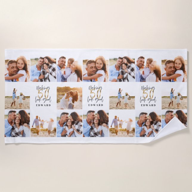 50. Geburtstag gutes goldschwarzes Foto Collage Ch Strandtuch (Vorderseite)
