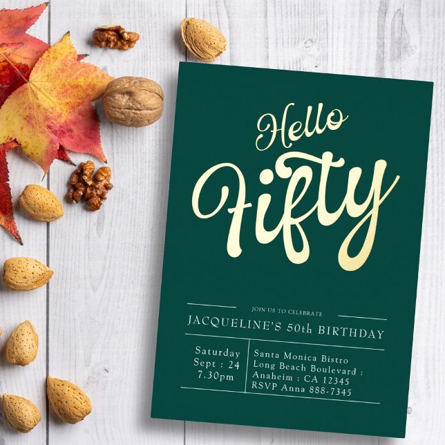 50. Geburtstag Hallo 50 Green Gold Folieneinladung (Von Creator hochgeladen)