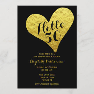 50. Geburtstag Hallo 50 Schwarz | Imitate Gold Hea Einladung