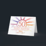 50. Geburtstag - handgezeichneter mehrfarbiger Son Karte<br><div class="desc">50. Geburtstagskarte. Alter 50, mehrfarbiger Radialsonnenbrand und kleine Blume - hell, handgezeichnet, in Fotoshop farbig. Anpassbarer Text: auf der Vorderseite der Karte: Happy Birthday und Name. Anpassbarer Text: Insider-Karte: Herzlichen Glückwunsch zum 50. Geburtstag. Sie können den Text nach Belieben bearbeiten oder löschen, indem Sie auf "Diese Vorlage personalisieren" klicken. Weitere...</div>