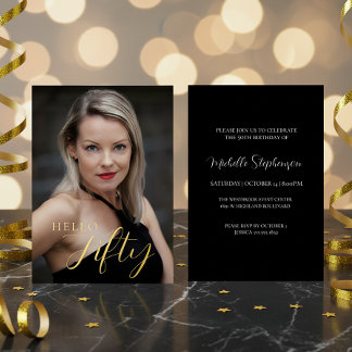 50. Geburtstag Hello Fifty Foto Schwarz und Gold Folieneinladung