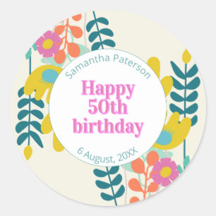 50. Geburtstag hübsche farbenfrohe florale moderne Runder Aufkleber