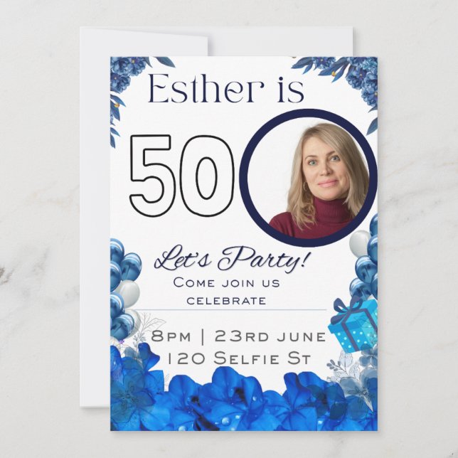 50. Geburtstag in Blau Einladung (Vorderseite)