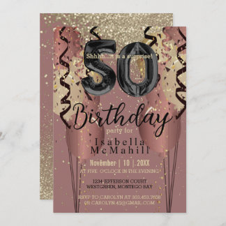 50. Geburtstag in Schwarz und Rose Gold Glitzer Einladung