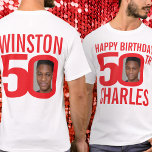 50. Geburtstag individuelle Name und Bildvorlage r T-Shirt<br><div class="desc">Herzlichen Glückwunsch zum 50. Geburtstag hellrot und weiß, benutzerdefiniertes Foto und Name T - Shirt. Spaß 50. personalisiertes Foto in fett rot und kontrastierend weißen Geburtstag Tee Design. Personalisieren Sie dieses Geburtstagsgeschenk mit zwei Fotografien des Geburtstags in der Mitte der Zahl 0 auf der Vorderseite und hinten, ideal für eine...</div>