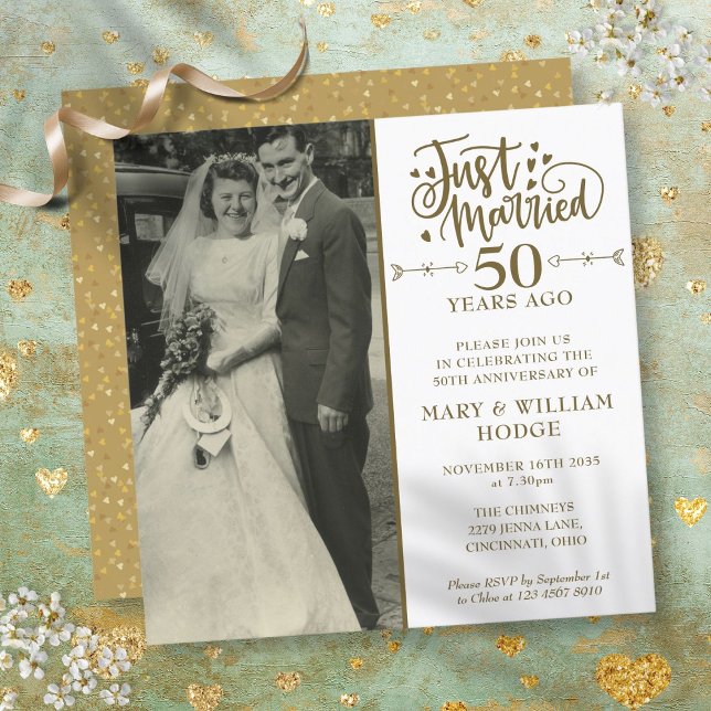50. Geburtstag Just Married Wedding Foto Square Einladung (50th Anniversary Just Married Wedding Photo Square Invitation)
