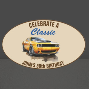 50. Geburtstag Klassisches gelbes Muscle-Car Ovaler Aufkleber