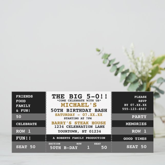 50. Geburtstag Konzert Ticket Party Einladungen (Stehend Vorderseite)