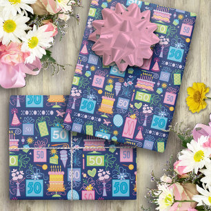 50. Geburtstag Kuchen präsentiert Balloons Blue Geschenkpapier Set