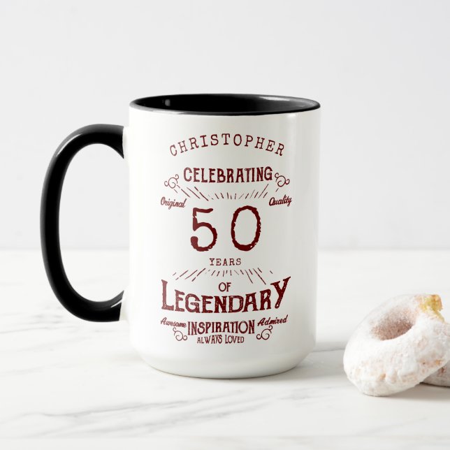 50. Geburtstag Legendary Vintag Name Red Legend Tasse (Mit Donut)
