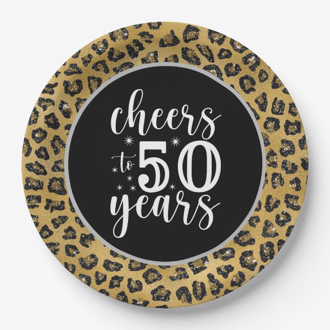50. Geburtstag Leopard Black and Gold Thema Pappteller (Vorderseite)