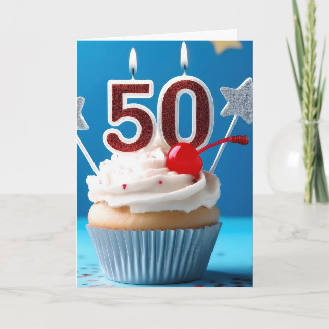 50. Geburtstag Lighted Candles Cupcake Custom Text Karte (Vorderseite)