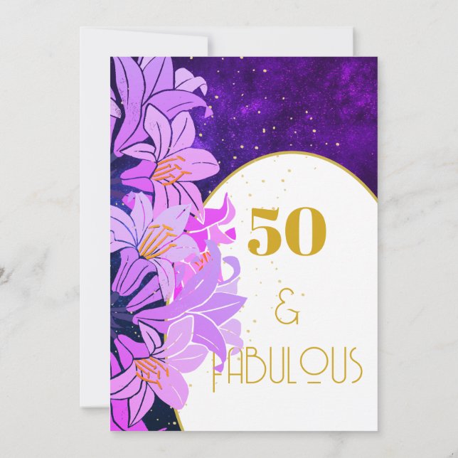 50. Geburtstag Lila florales Gold Trendy Einladung (Rückseite)