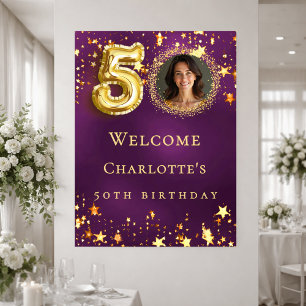50. Geburtstag lila goldene Sterne Foto Willkommen Poster