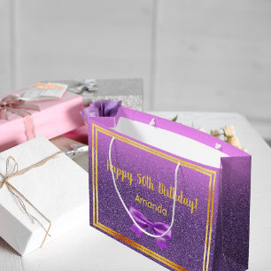 50. Geburtstag lila rosa Glitzer Monogramm Name Große Geschenktüte