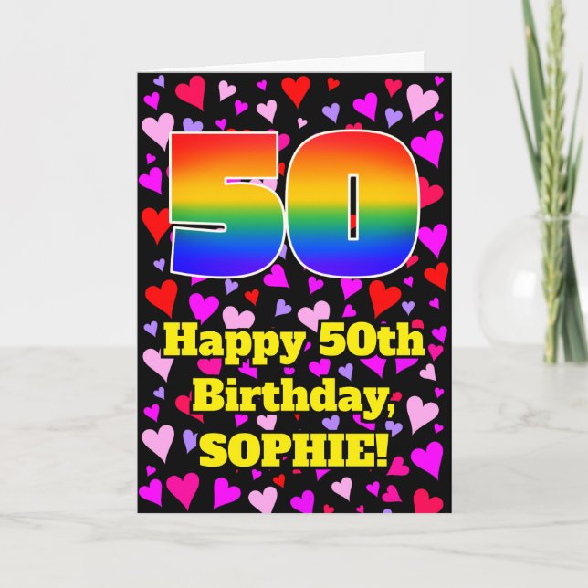 50. Geburtstag: Loving Hearts Pattern, Regenbogen  Karte (Vorderseite)