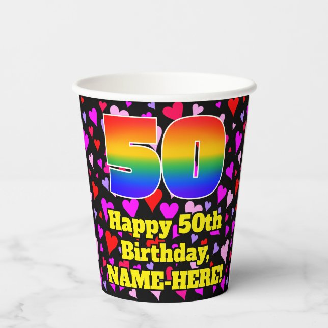 50. Geburtstag: Loving Hearts Pattern, Regenbogen  Pappbecher (Rückseite)
