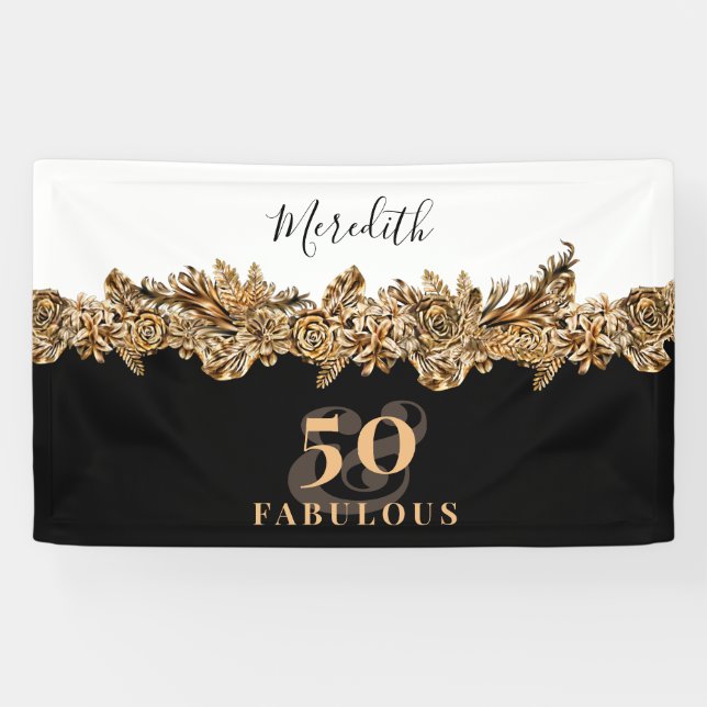 50. Geburtstag Luxus Golden Blume Elegante Klasse Banner (Horizontal)