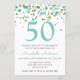 50. Geburtstag Mint Gold Glitzer Sparkle Confetti Einladung