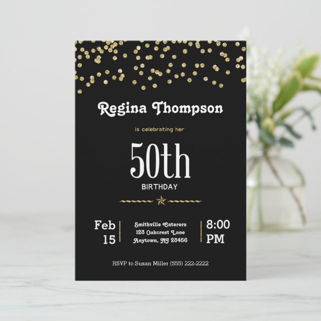 50. Geburtstag mit Glittering Gold in Einladung (Stehend Vorderseite)