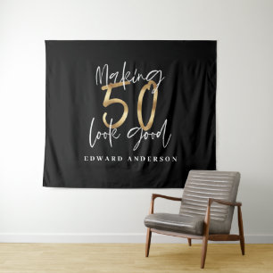 50. Geburtstag modern schwarzes und goldenes stilv Wandteppich