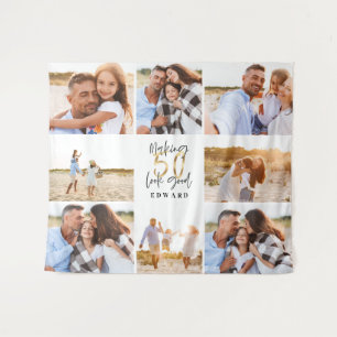 50. Geburtstag moderne schwarze und goldene Fotoco Wandteppich