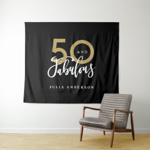 50. Geburtstag moderne schwarze und goldene stilvo Wandteppich