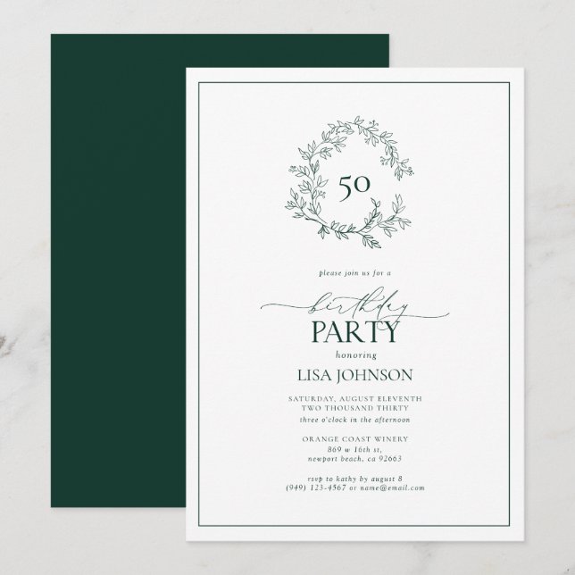 50. Geburtstag Modernes Emerald Green Leafy Wappen Einladung (Vorne/Hinten)