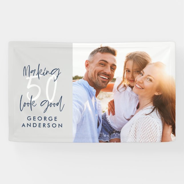 50. Geburtstag modernes graues und marineblaues Fo Banner (Horizontal)