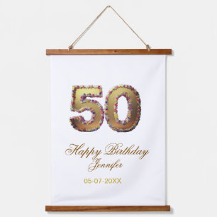50. Geburtstag Name Datum Jahr Gold floral fett Wandteppich Mit Holzrahmen