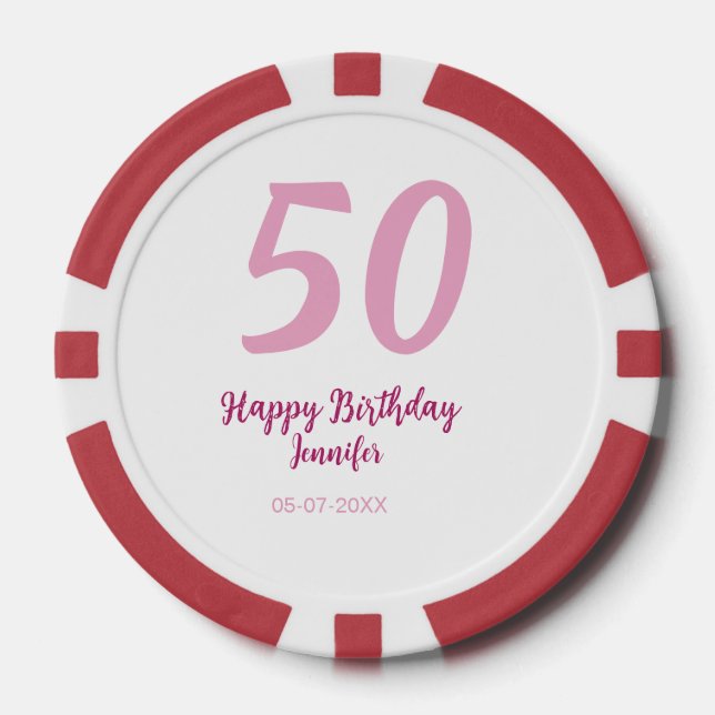 50. Geburtstag Name Datum Jahr pink rot fett Pokerchips (Vorderseite)
