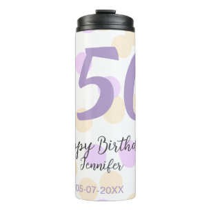 50. Geburtstag Name Datum lila orange Punkte Thermosbecher
