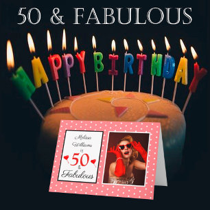 50. Geburtstag Name Foto 50 & Fabulous Pink White Karte