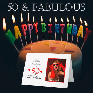 50. Geburtstag Name Foto 50 und Fabulous Red Heart Karte